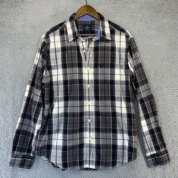 American Eagle Shirt Mens Large Gray Blue White Plaid Checkered Button Down Logo - Picture 1 of 11